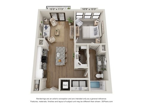 Floor plan for 1 bed, 1 bath, 762 sqft